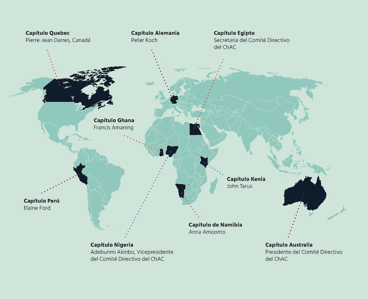 Mapa destacando cada uno de los países mencionados en el documento para la localización de los capítulos.